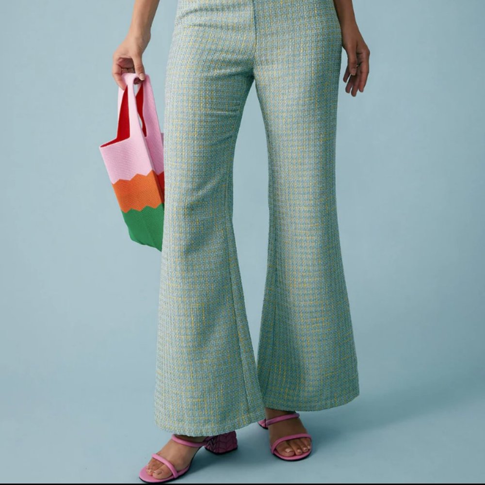 Plaid Flared Sea Blue-Green Pants - Size Medium - Picture 5 of 5